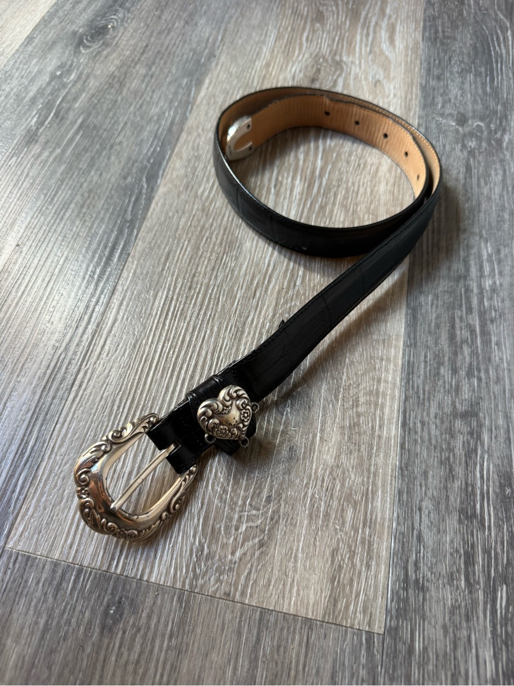 Vintage 90s Western Black Leather Brighton Belt with Decorative Silver Buckle